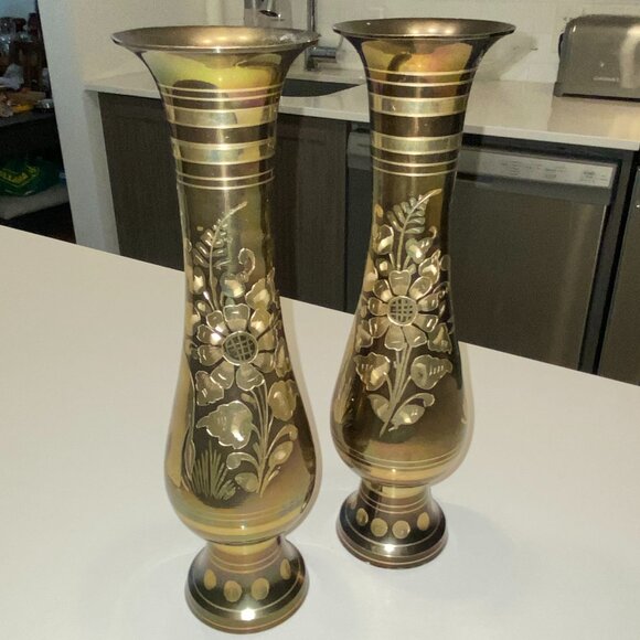 2 Brass Flower Bud Vases Etched Floral and Elephant on Reverse Matching - Picture 4 of 10